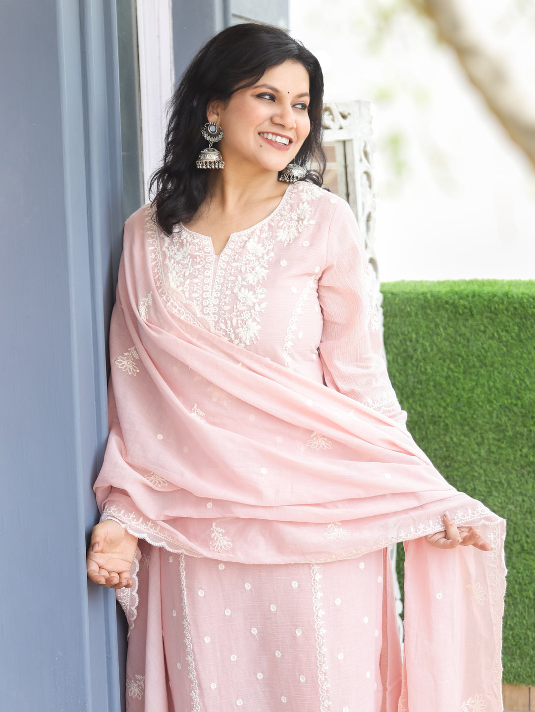 Shobha Pastel Pink Chikankari Mul Cotton 3 Piece Set