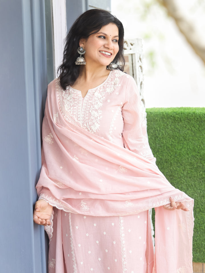 Shobha Pastel Pink Chikankari Mul Cotton 3 Piece Set