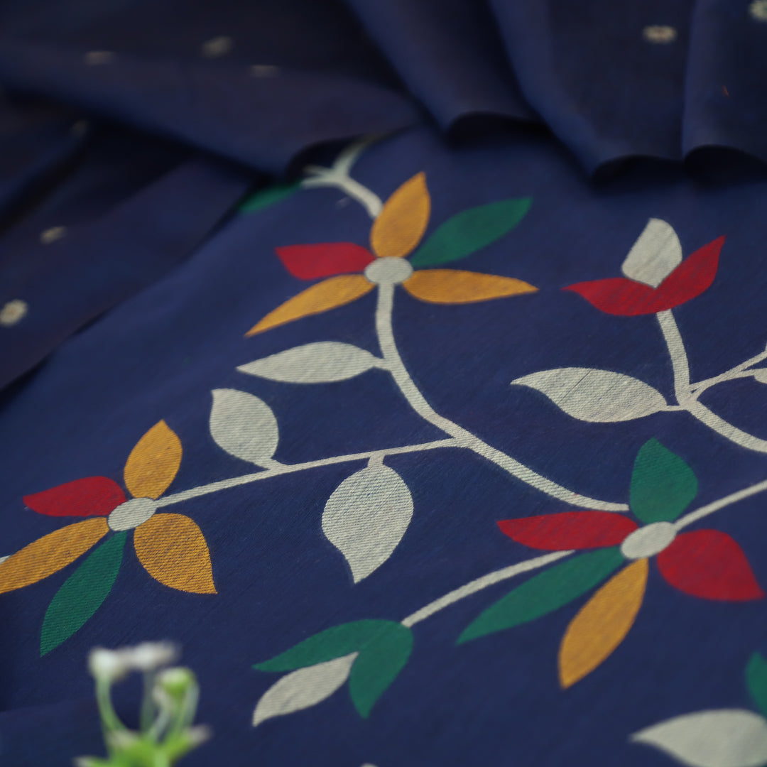 Vishakha Royal Blue All Over Authentic Jamdani Weaved Hem Chanderi Suit Set