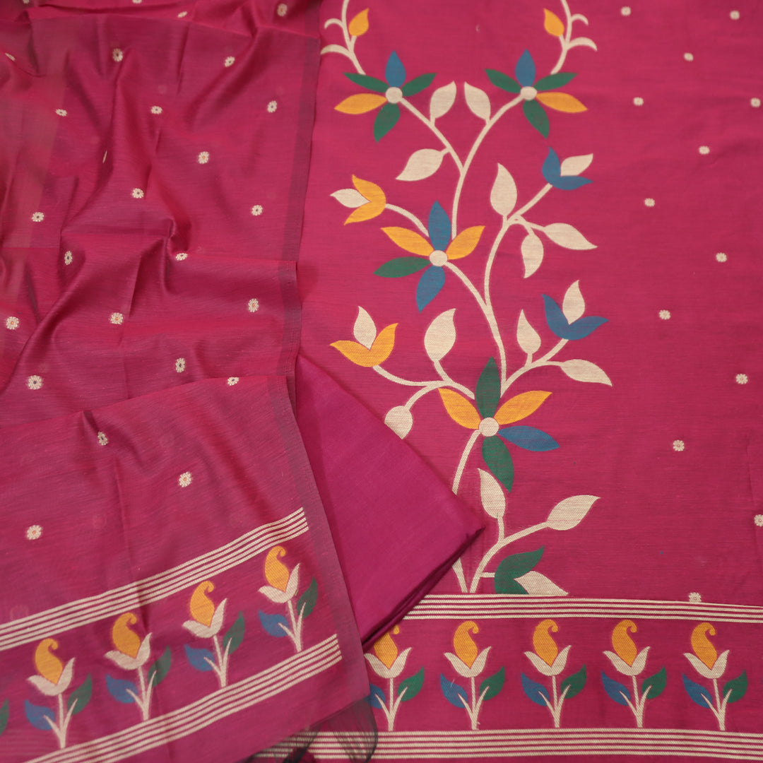 Vishakha Magenta Pink All Over Authentic Jamdani Weaved Hem Chanderi Suit Set