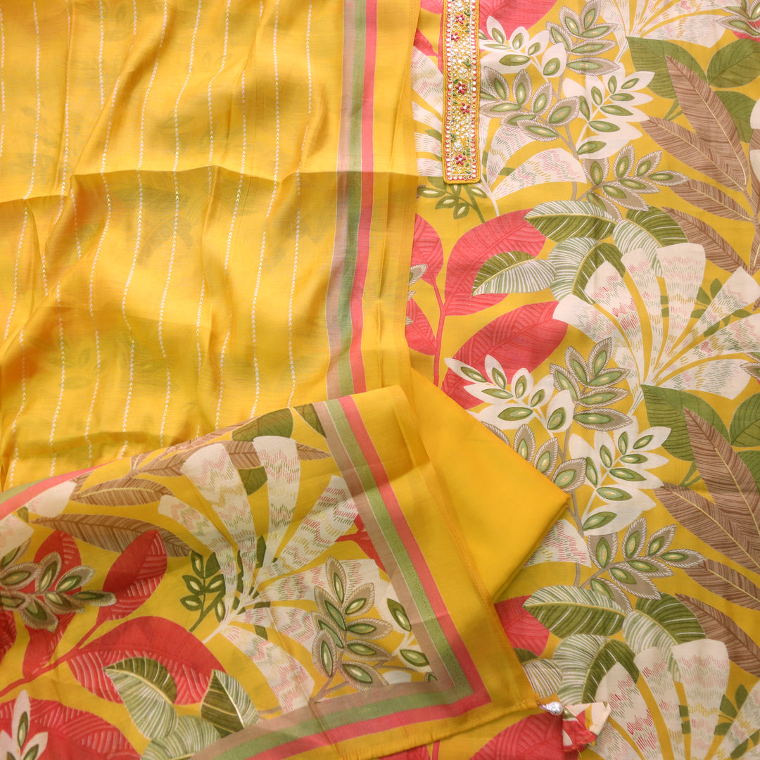 Adaa Canary Yellow Lace Patch In Tropical Floral Printed Modal Suit Set