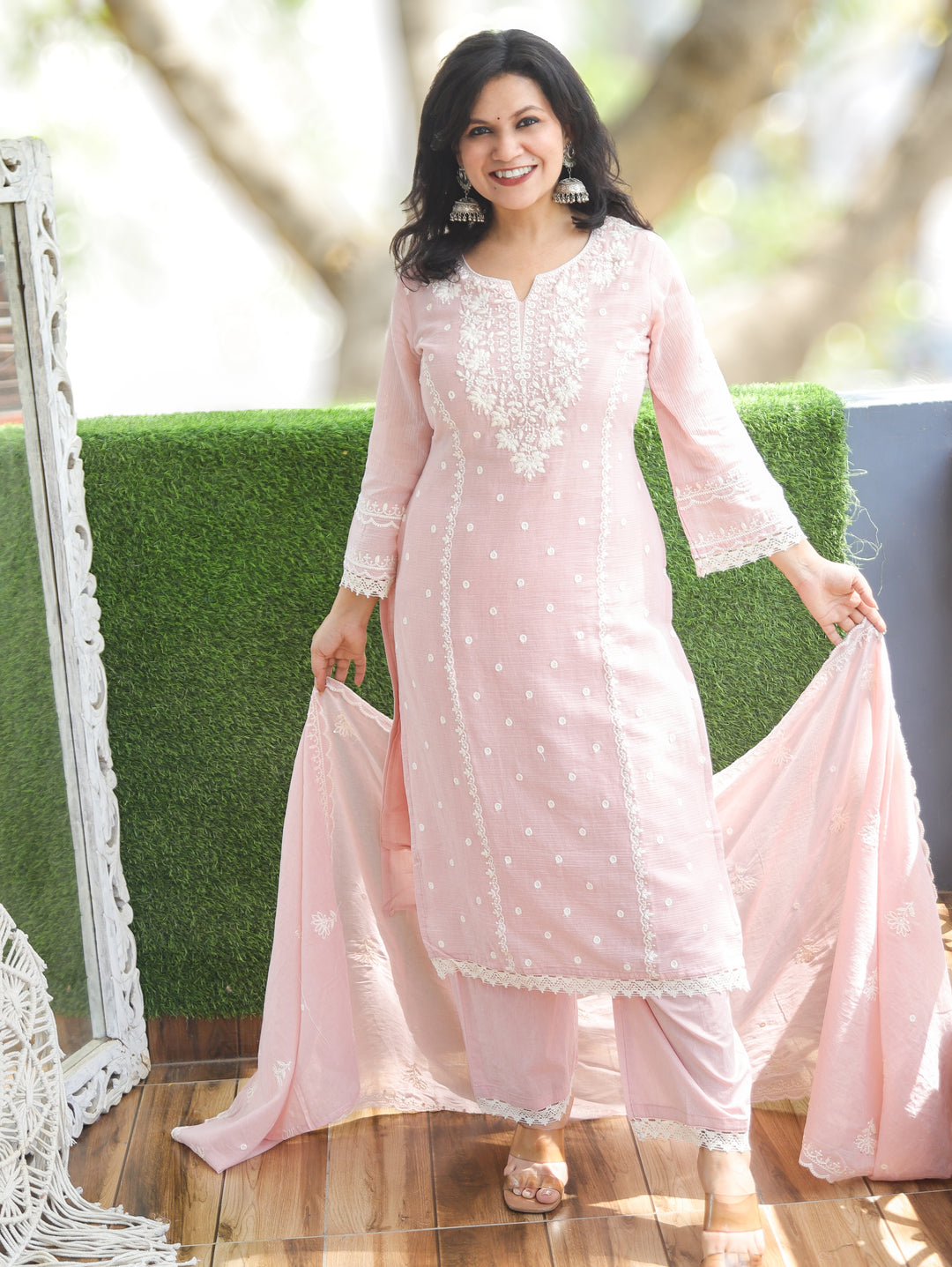 Shobha Pastel Pink Chikankari Mul Cotton 3 Piece Set