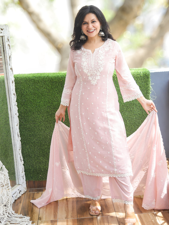 Shobha Pastel Pink Chikankari Mul Cotton 3 Piece Set