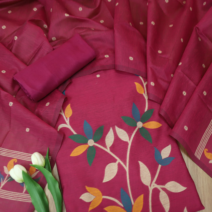 Vishakha Magenta Pink All Over Authentic Jamdani Weaved Hem Chanderi Suit Set