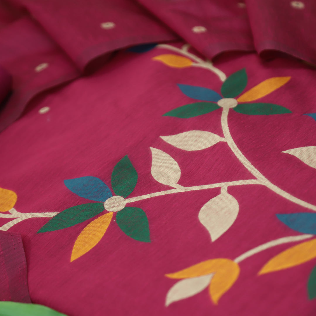 Vishakha Magenta Pink All Over Authentic Jamdani Weaved Hem Chanderi Suit Set
