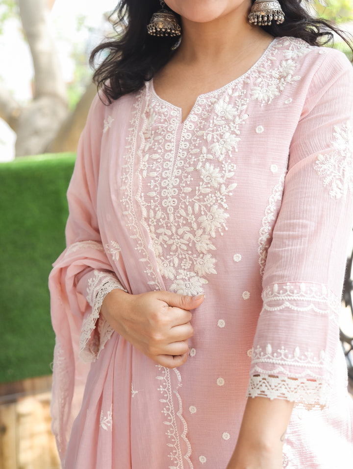 Shobha Pastel Pink Chikankari Mul Cotton 3 Piece Set