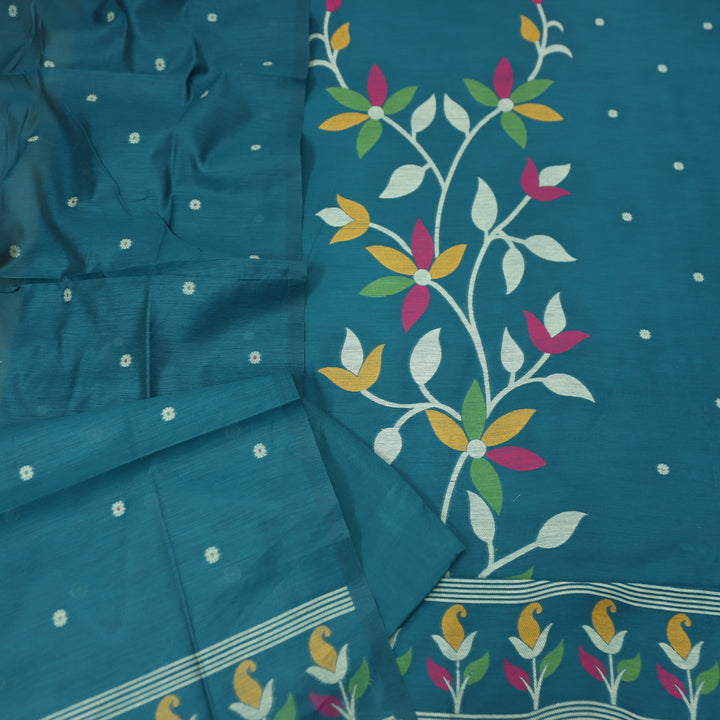 Vishakha Ocean Teal All Over Authentic Jamdani Weaved Hem Chanderi Suit Set