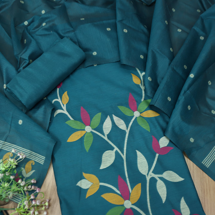 Vishakha Ocean Teal All Over Authentic Jamdani Weaved Hem Chanderi Suit Set