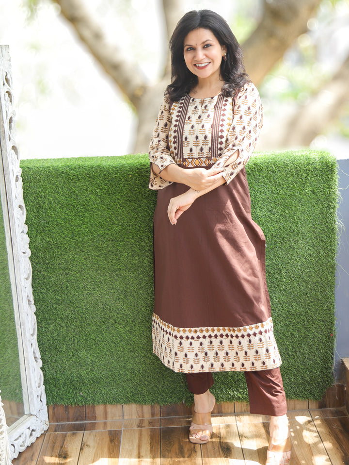Purvi Choco Brown Block Print Yoke Cotton Kurti
