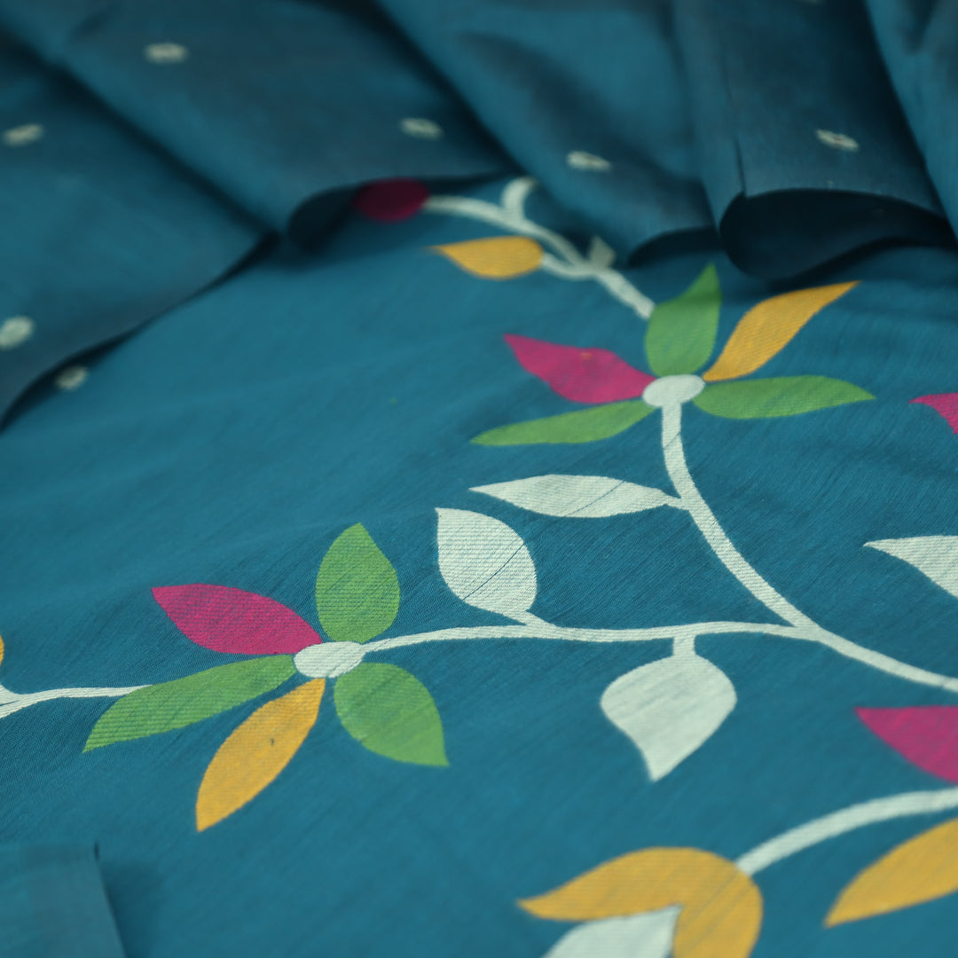 Vishakha Ocean Teal All Over Authentic Jamdani Weaved Hem Chanderi Suit Set