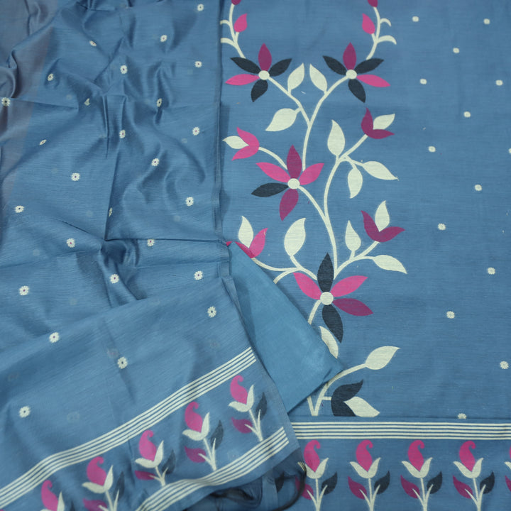 Vishakha Powder Grey All Over Authentic Jamdani Weaved Hem Chanderi Suit Set