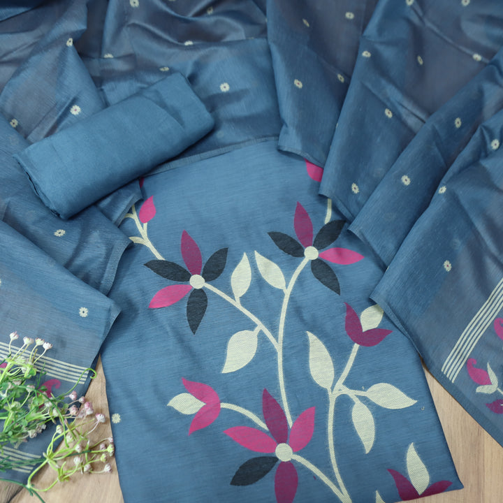 Vishakha Powder Grey All Over Authentic Jamdani Weaved Hem Chanderi Suit Set