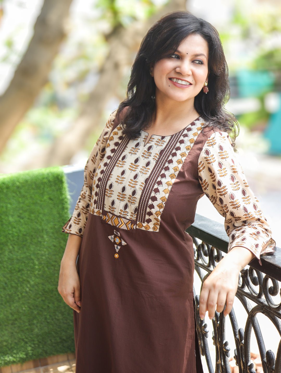 Purvi Choco Brown Block Print Yoke Cotton Kurti