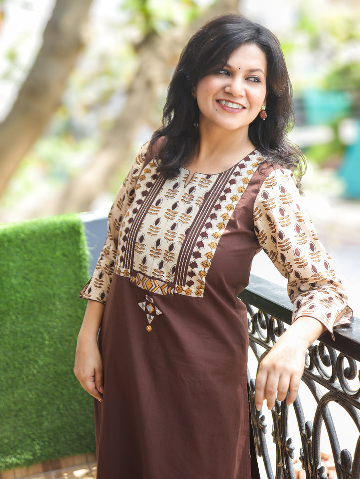 Purvi Choco Brown Block Print Yoke Cotton Kurti