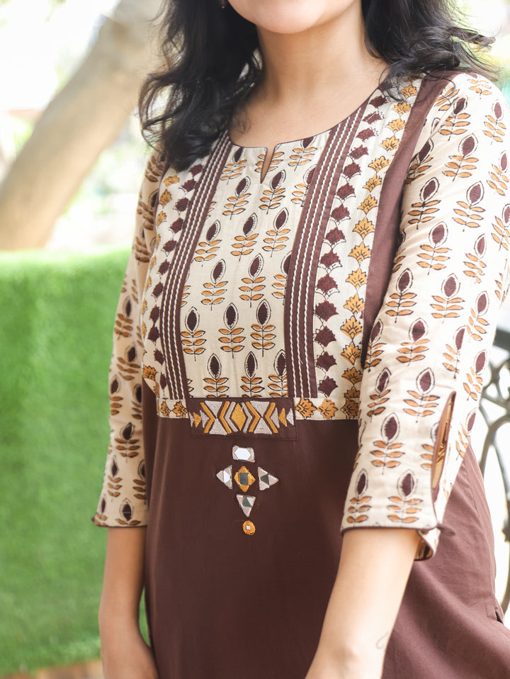 Purvi Choco Brown Block Print Yoke Cotton Kurti