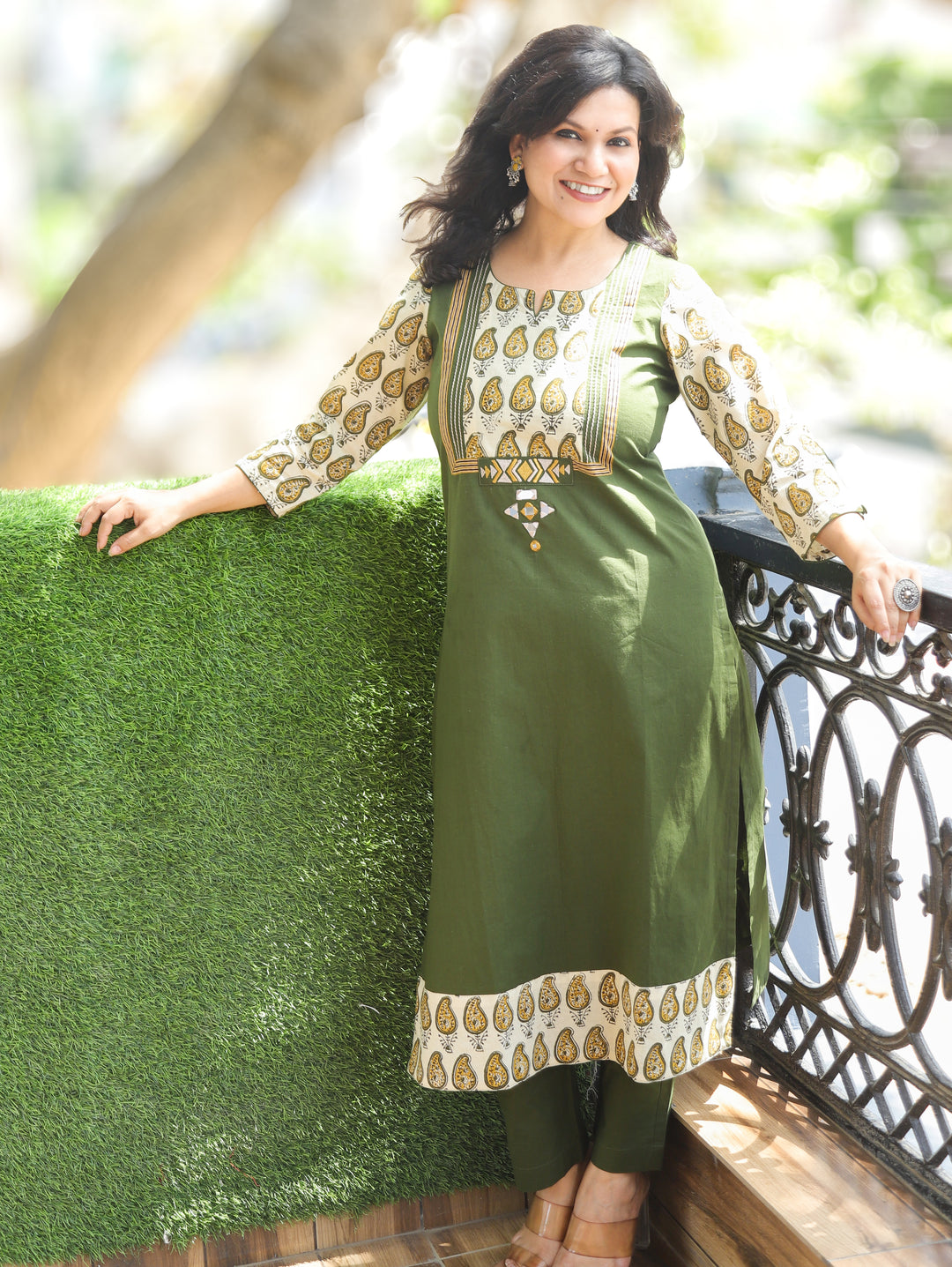 Purvi Macha Green Block Print Yoke Cotton Kurti