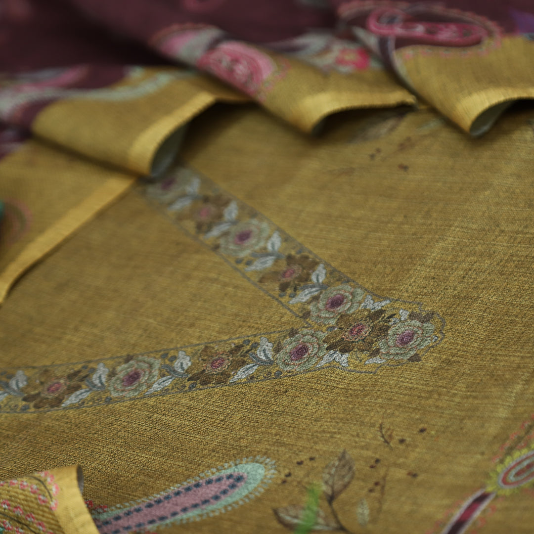 माधवी Peanut Yellow Digital Floral Printed with V Neck Semi Pashmina Winter Set