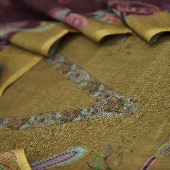 माधवी Peanut Yellow Digital Floral Printed with V Neck Semi Pashmina Winter Set