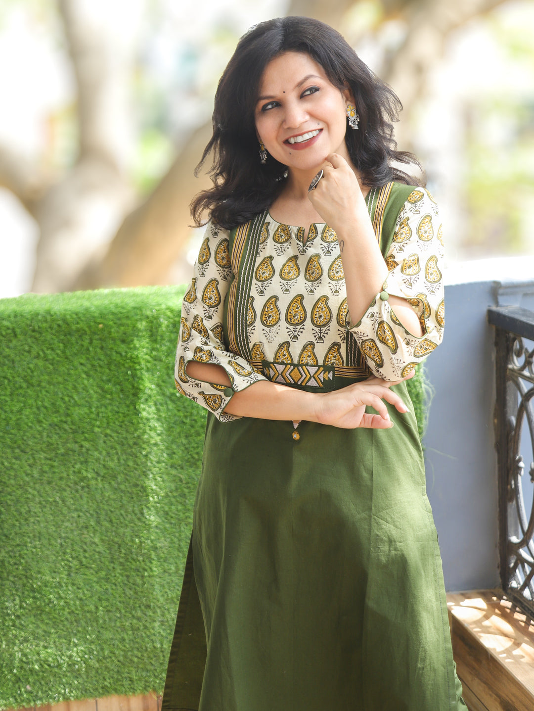 Purvi Macha Green Block Print Yoke Cotton Kurti