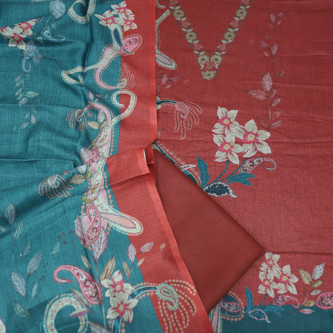 माधवी Berry Red Digital Floral Printed with V Neck Semi Pashmina Winter Set