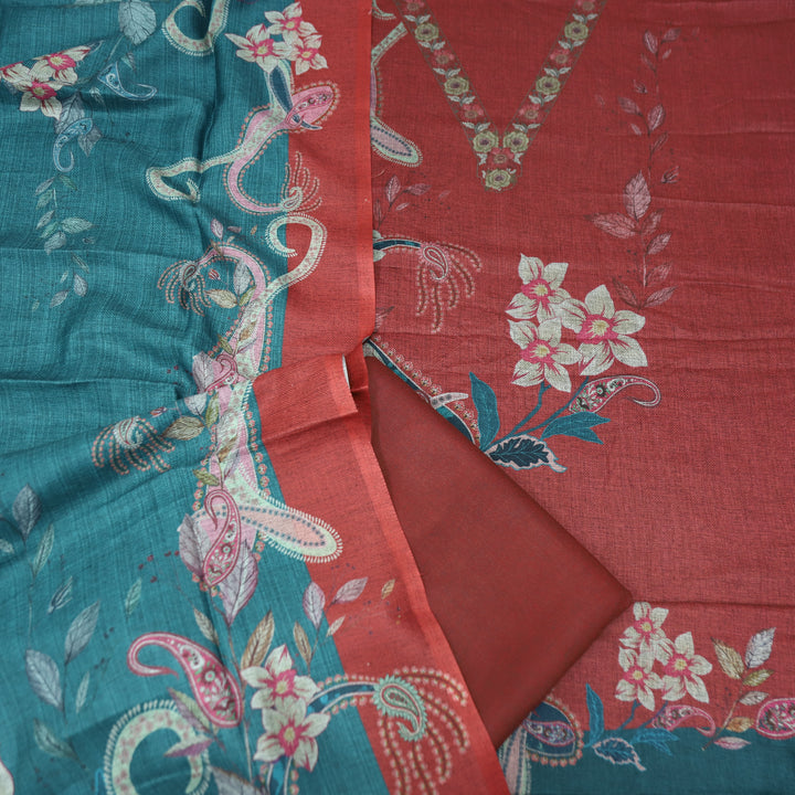 माधवी Berry Red Digital Floral Printed with V Neck Semi Pashmina Winter Set