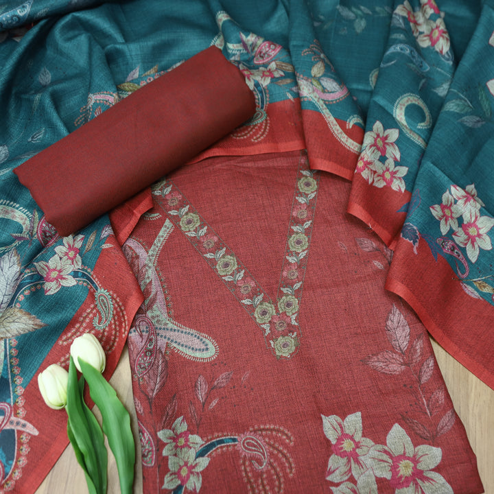 माधवी Berry Red Digital Floral Printed with V Neck Semi Pashmina Winter Set