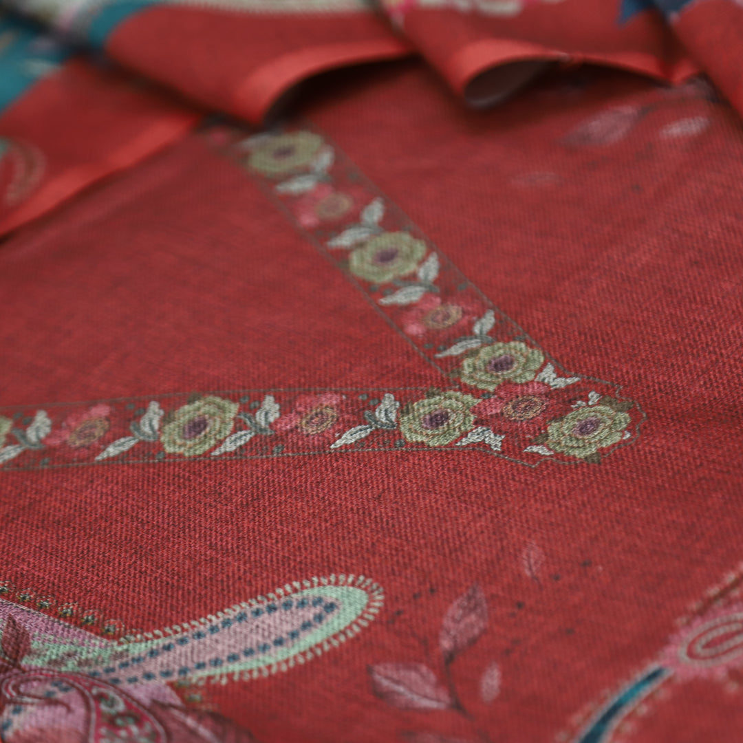 माधवी Berry Red Digital Floral Printed with V Neck Semi Pashmina Winter Set