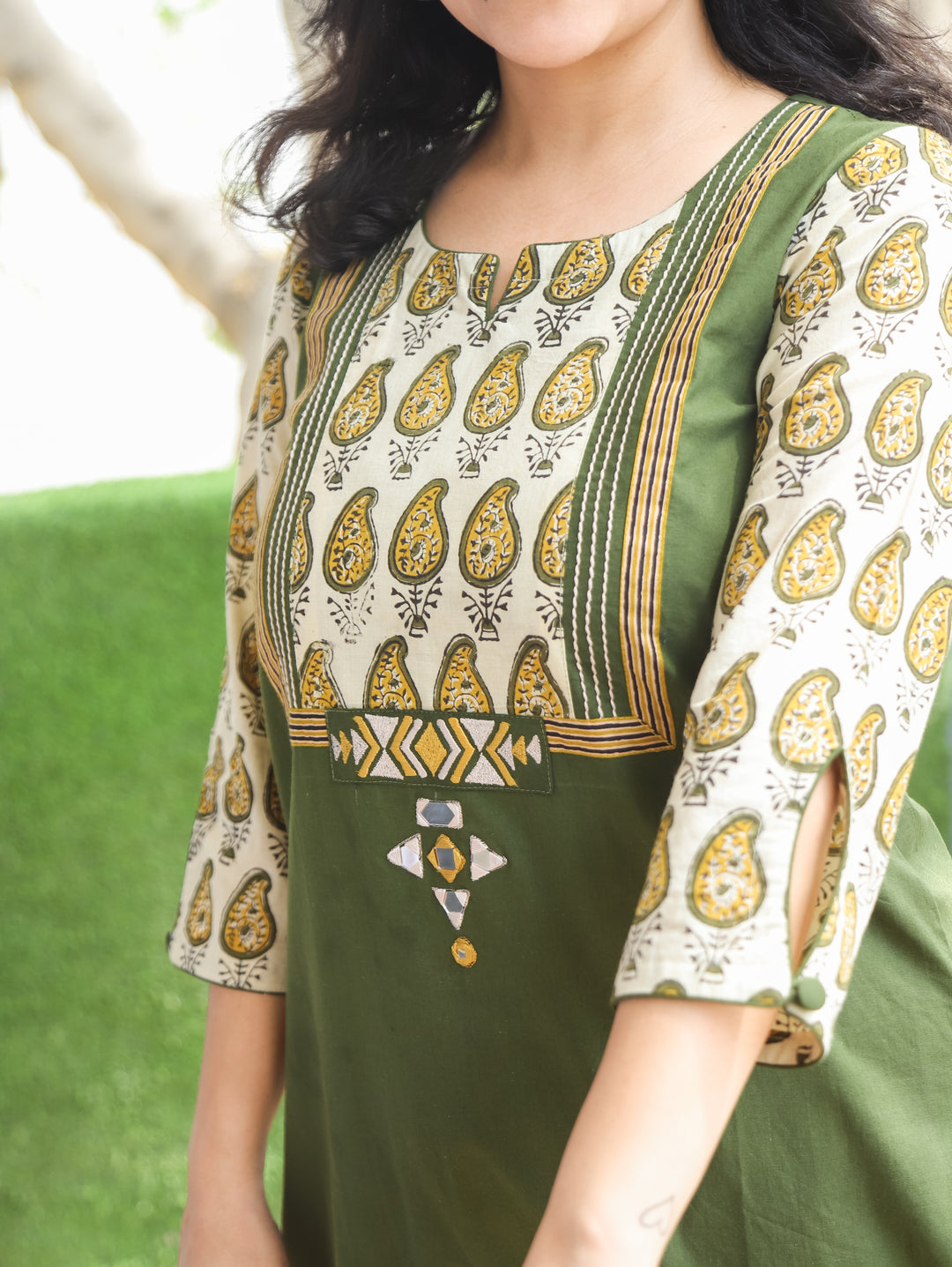 Purvi Macha Green Block Print Yoke Cotton Kurti