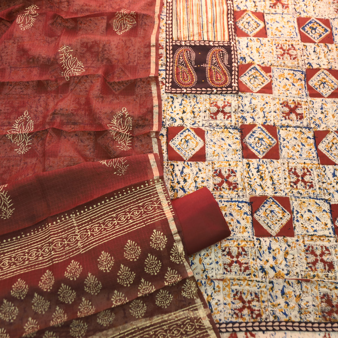 Sufna Barn Maroon Paisley Print Yoke Kalamkari Printed Cotton Set