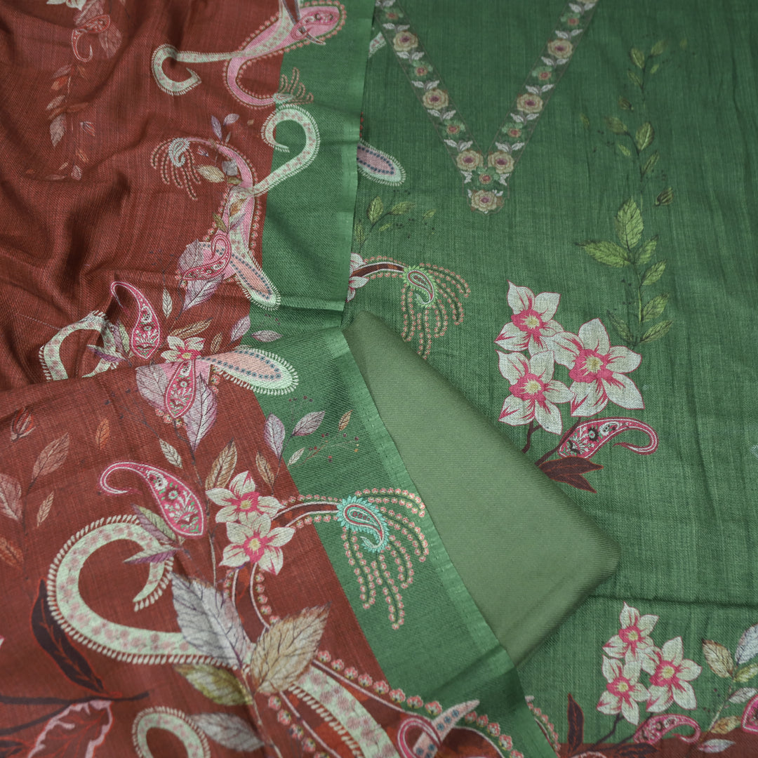 माधवी Pine Green Digital Floral Printed with V Neck Semi Pashmina Winter Set