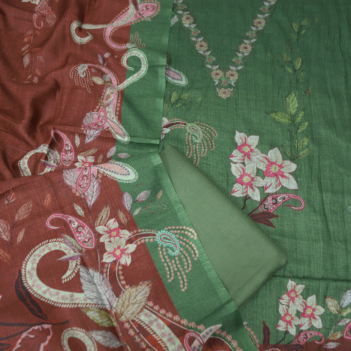 माधवी Pine Green Digital Floral Printed with V Neck Semi Pashmina Winter Set