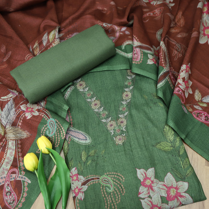 माधवी Pine Green Digital Floral Printed with V Neck Semi Pashmina Winter Set