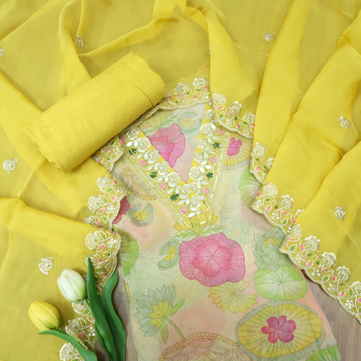 Bandegi Beige with Coloful Floral Printed in V Embellished Neck Orangza Suit Set