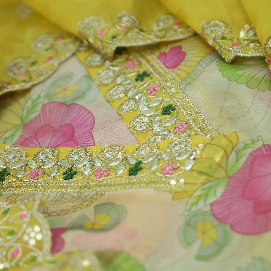 Bandegi Beige with Coloful Floral Printed in V Embellished Neck Orangza Suit Set