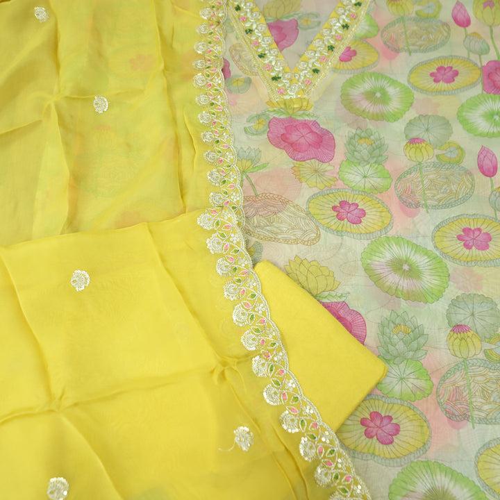 Bandegi Beige with Coloful Floral Printed in V Embellished Neck Orangza Suit Set