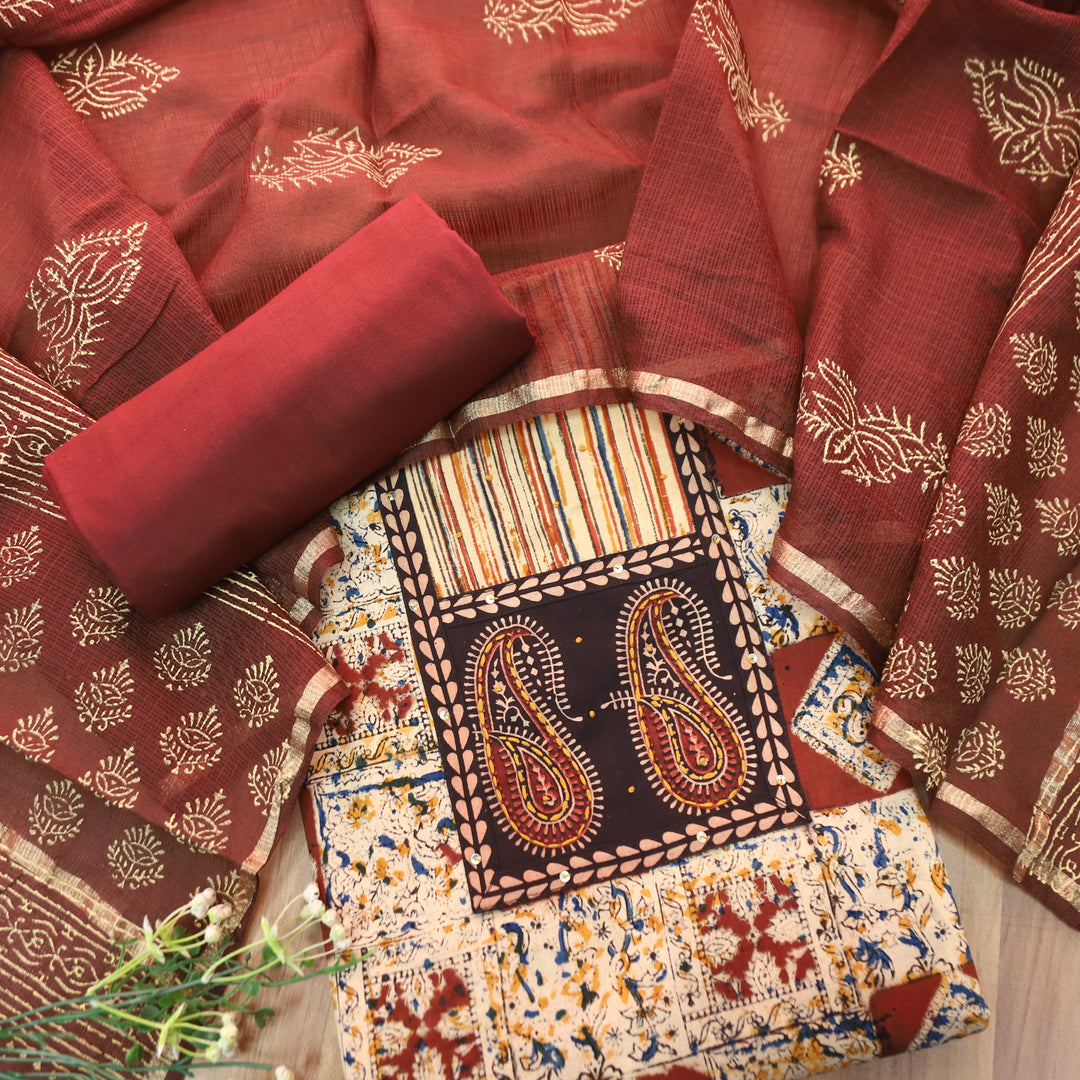 Sufna Barn Maroon Paisley Print Yoke Kalamkari Printed Cotton Set