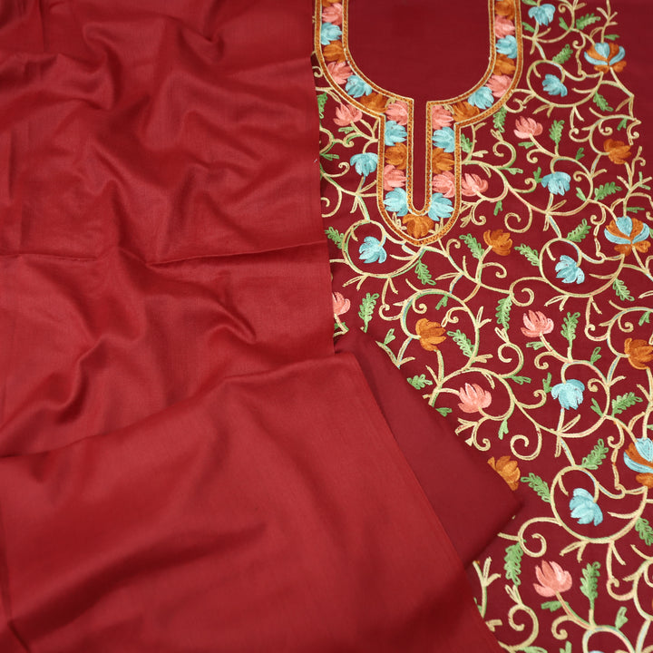 परशक्ति Maroon Red Elegant Woven Kashida Embroidery Semi Pashmina Winter Set