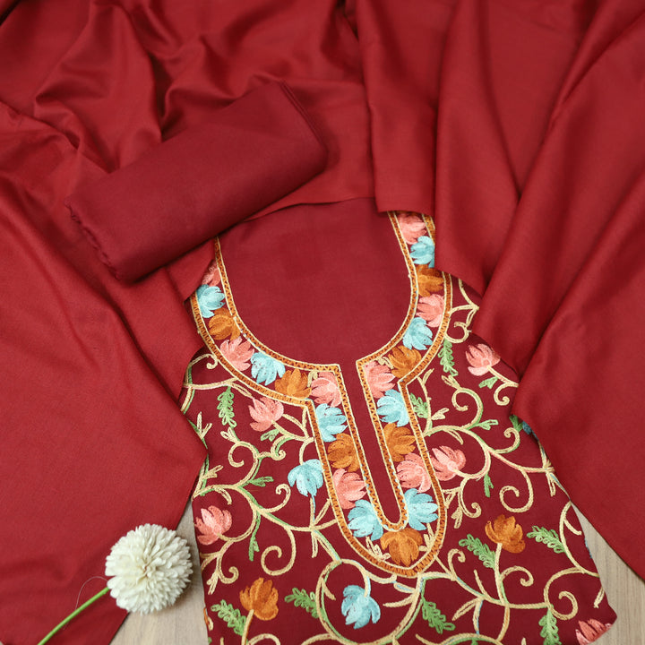 परशक्ति Maroon Red Elegant Woven Kashida Embroidery Semi Pashmina Winter Set