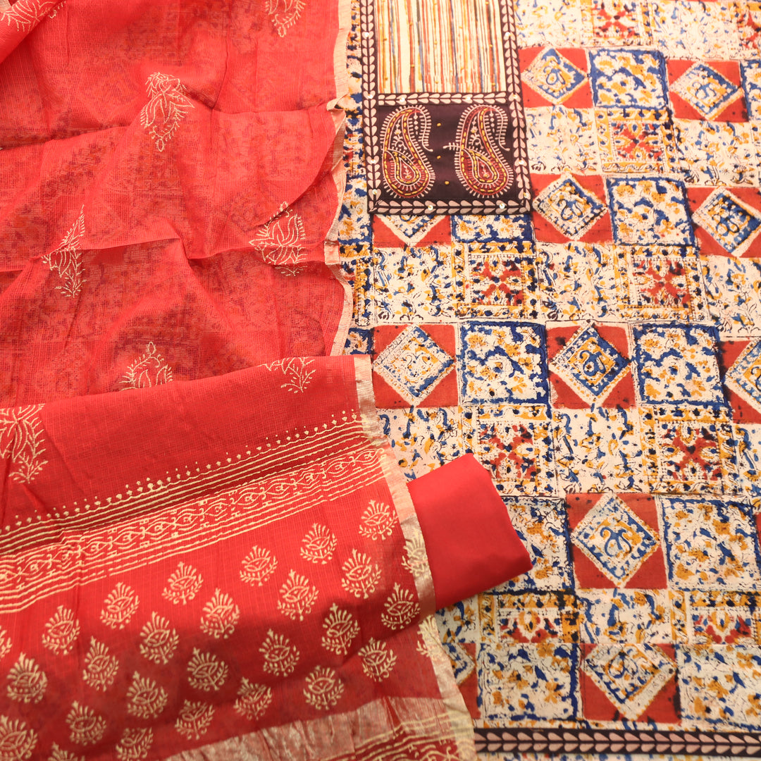 Sufna Coral Orange Paisley Print Yoke Kalamkari Printed Cotton Set