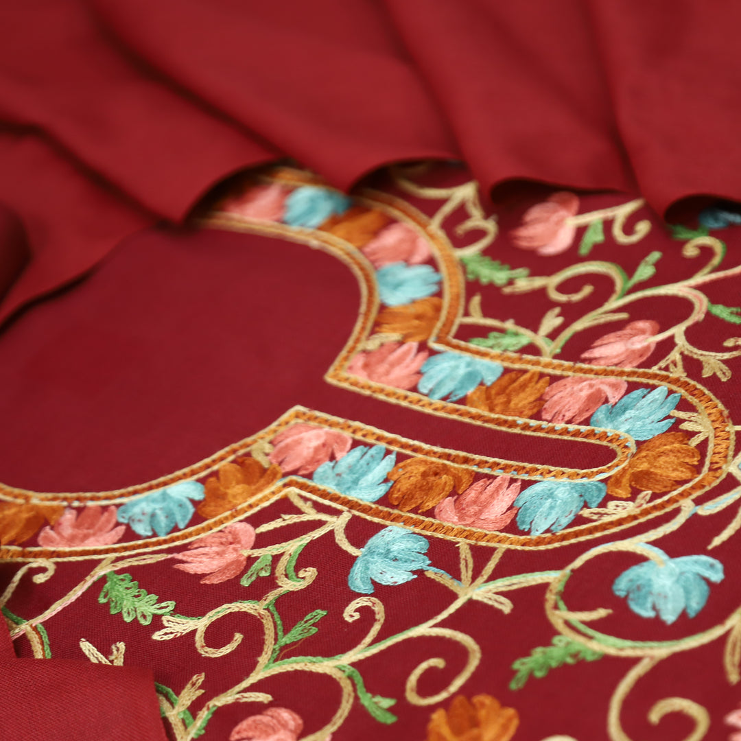 परशक्ति Maroon Red Elegant Woven Kashida Embroidery Semi Pashmina Winter Set