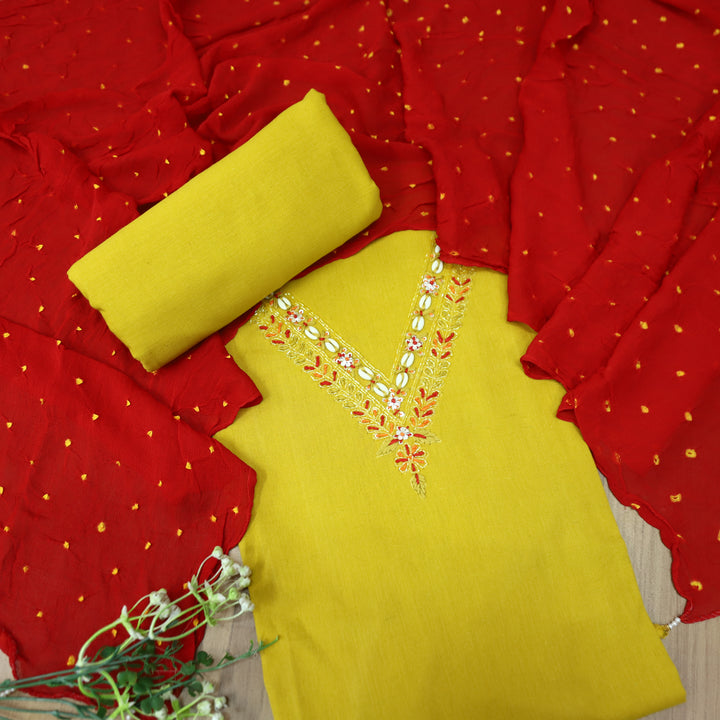 Gharana Dandelion Yellow Embellished V Neck with Moti Work Cotton Suit Set