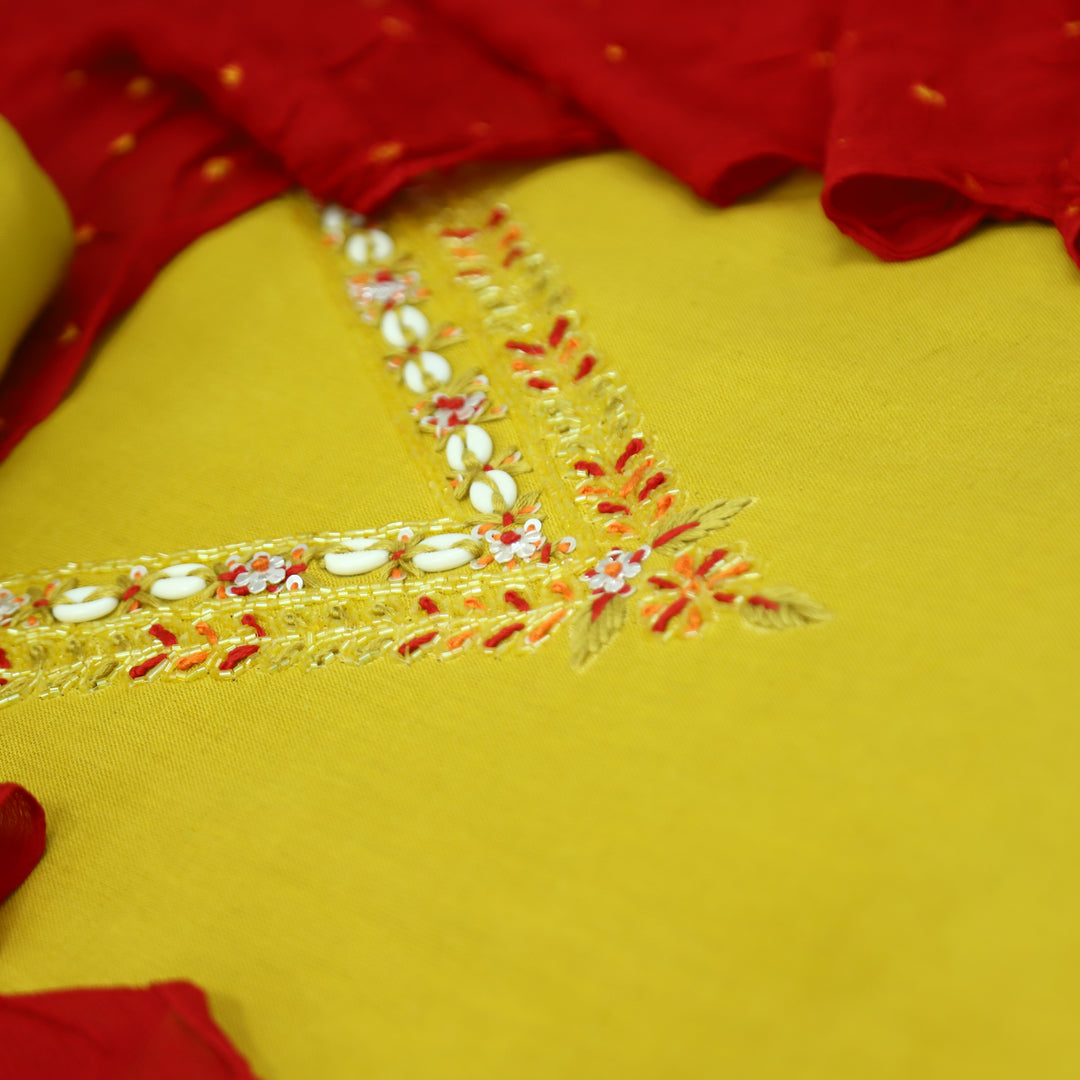 Gharana Dandelion Yellow Embellished V Neck with Moti Work Cotton Suit Set