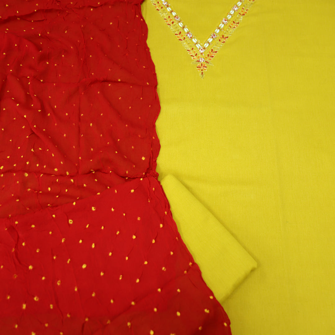 Gharana Dandelion Yellow Embellished V Neck with Moti Work Cotton Suit Set