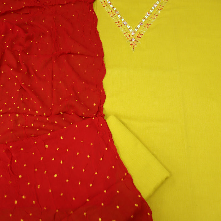 Gharana Dandelion Yellow Embellished V Neck with Moti Work Cotton Suit Set