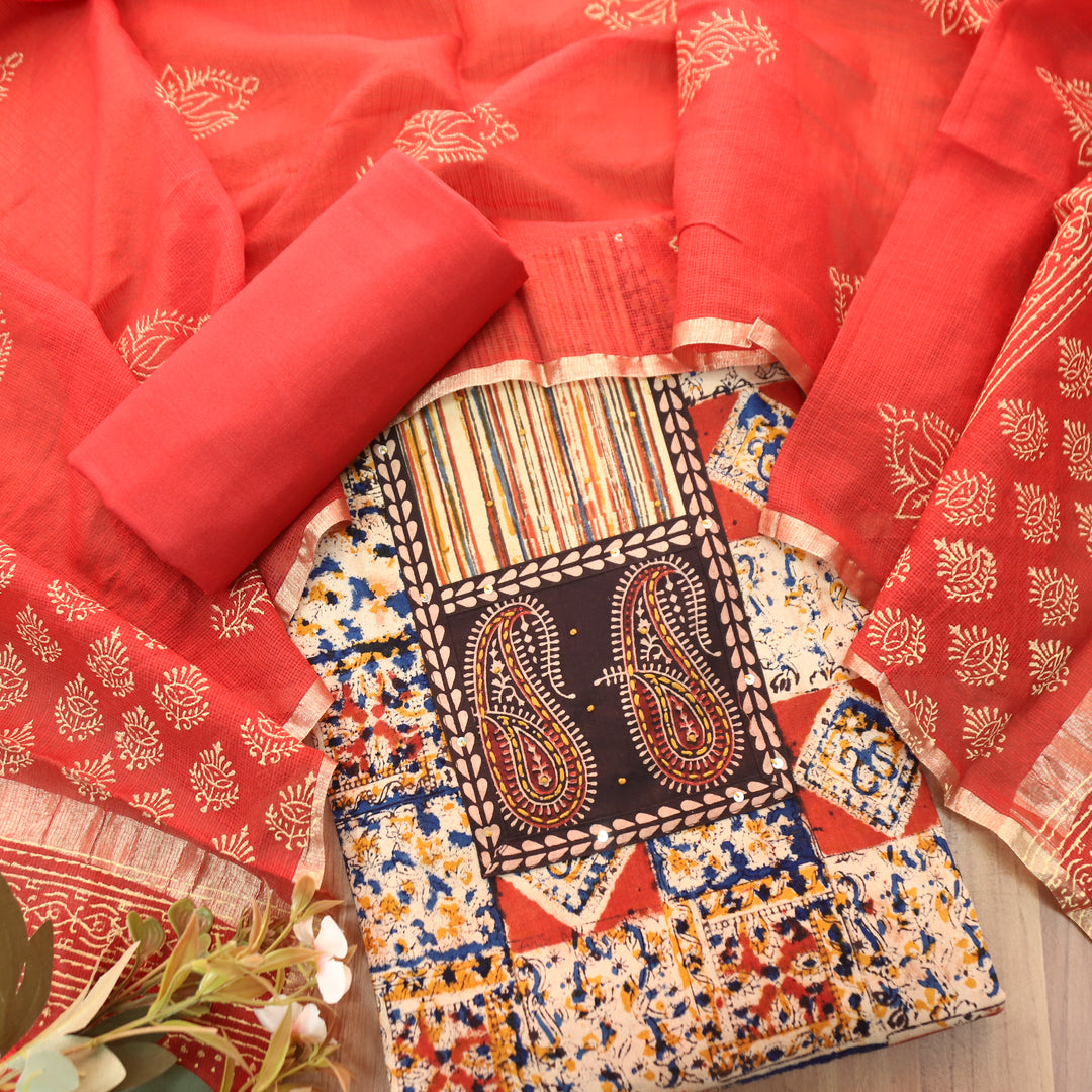 Sufna Coral Orange Paisley Print Yoke Kalamkari Printed Cotton Set