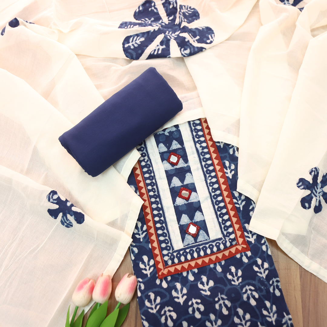 Padma Indigo Blue  Kutch Mirror Dabu Printed Cotton Suit Set D1