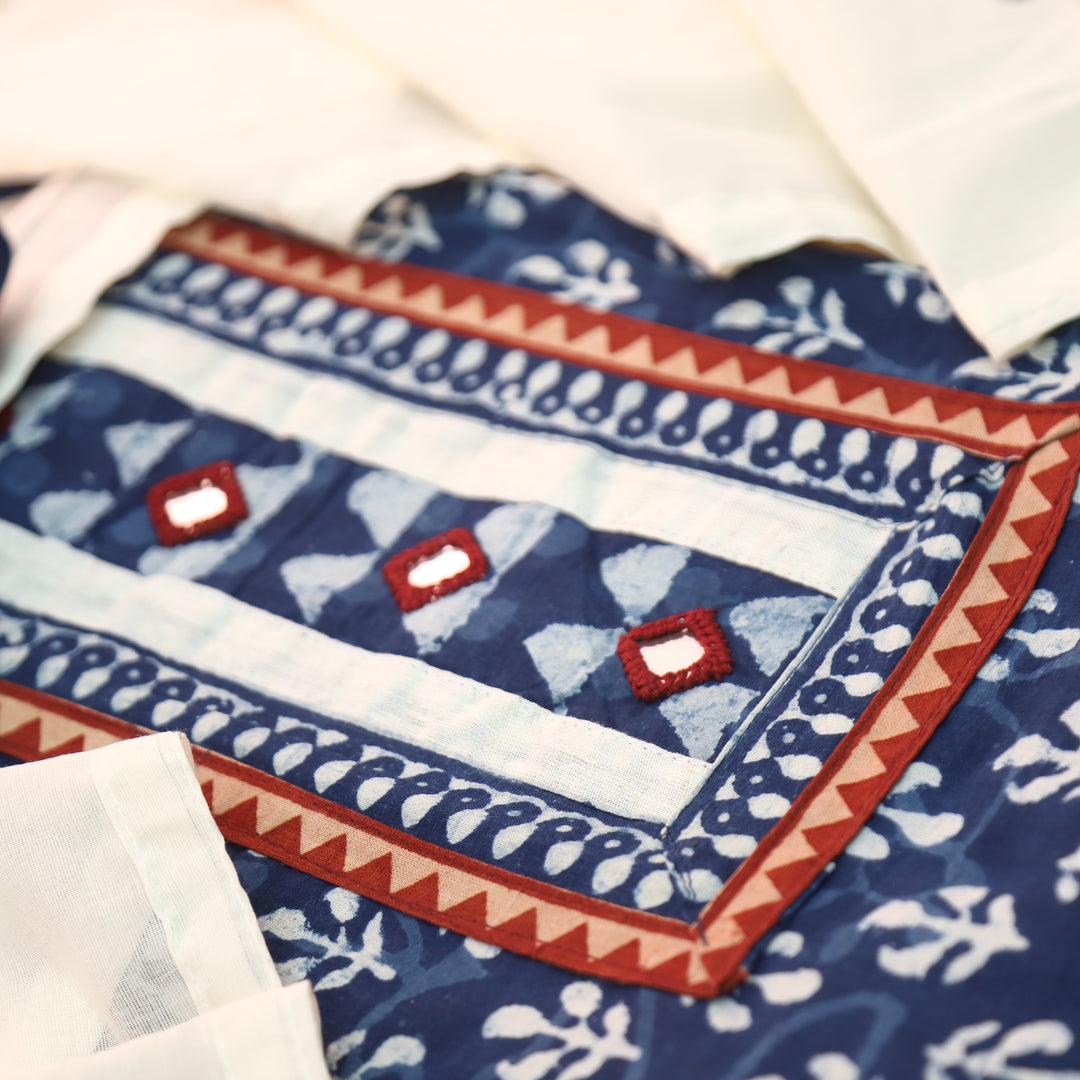 Padma Indigo Blue  Kutch Mirror Dabu Printed Cotton Suit Set D1