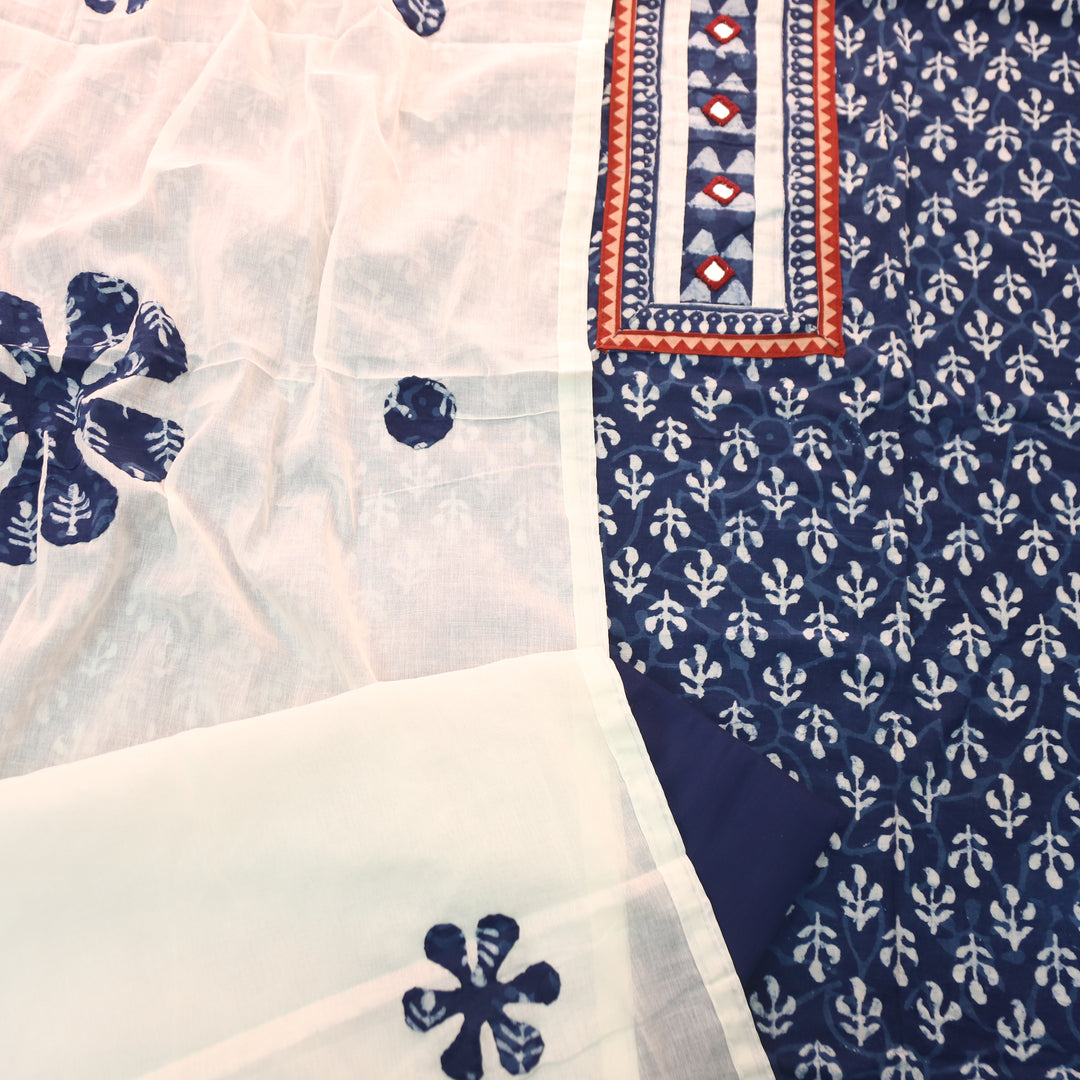 Padma Indigo Blue  Kutch Mirror Dabu Printed Cotton Suit Set D1