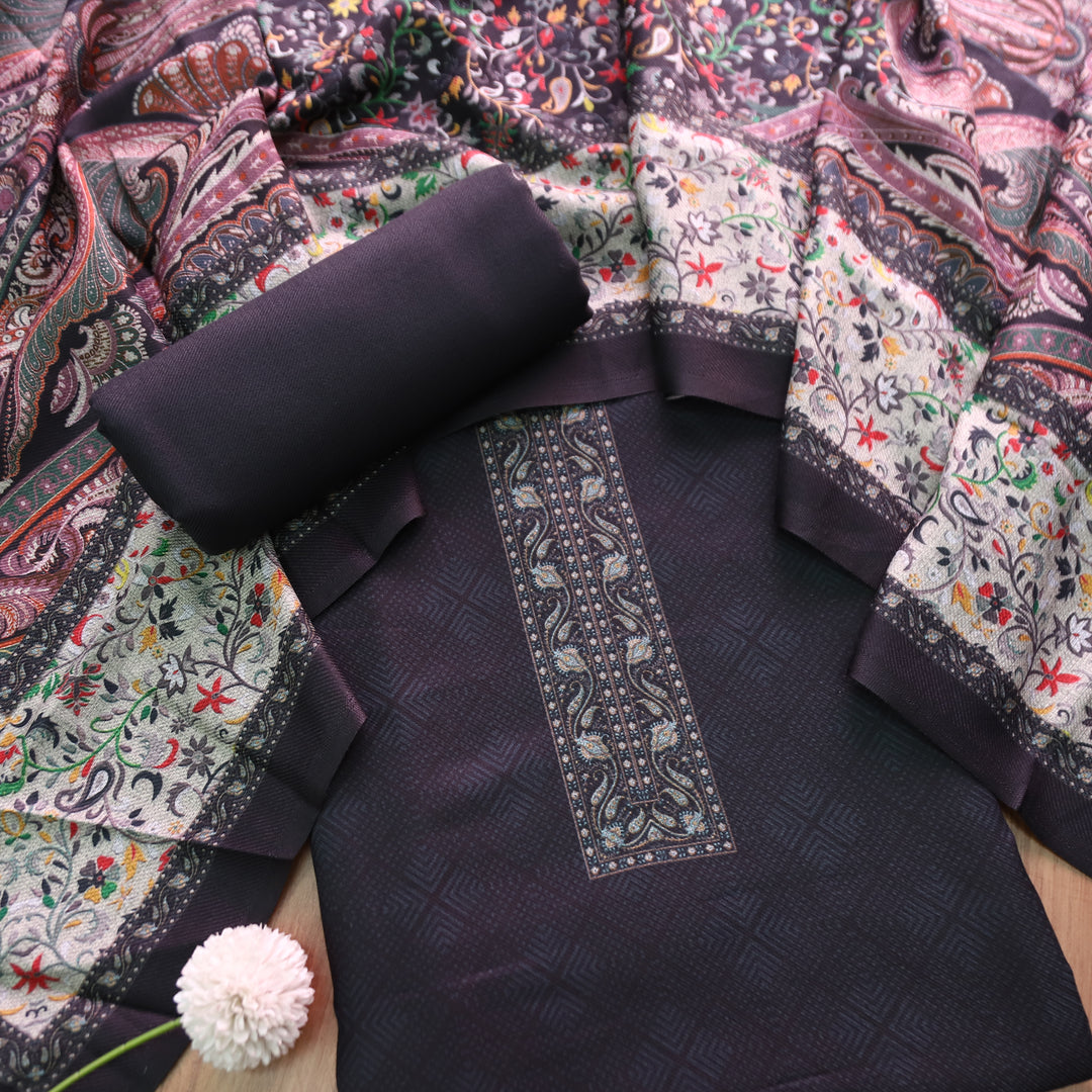 रोहिणी Midnight Black Digital Kanni Printed Hem Semi Pashmina Winter Set