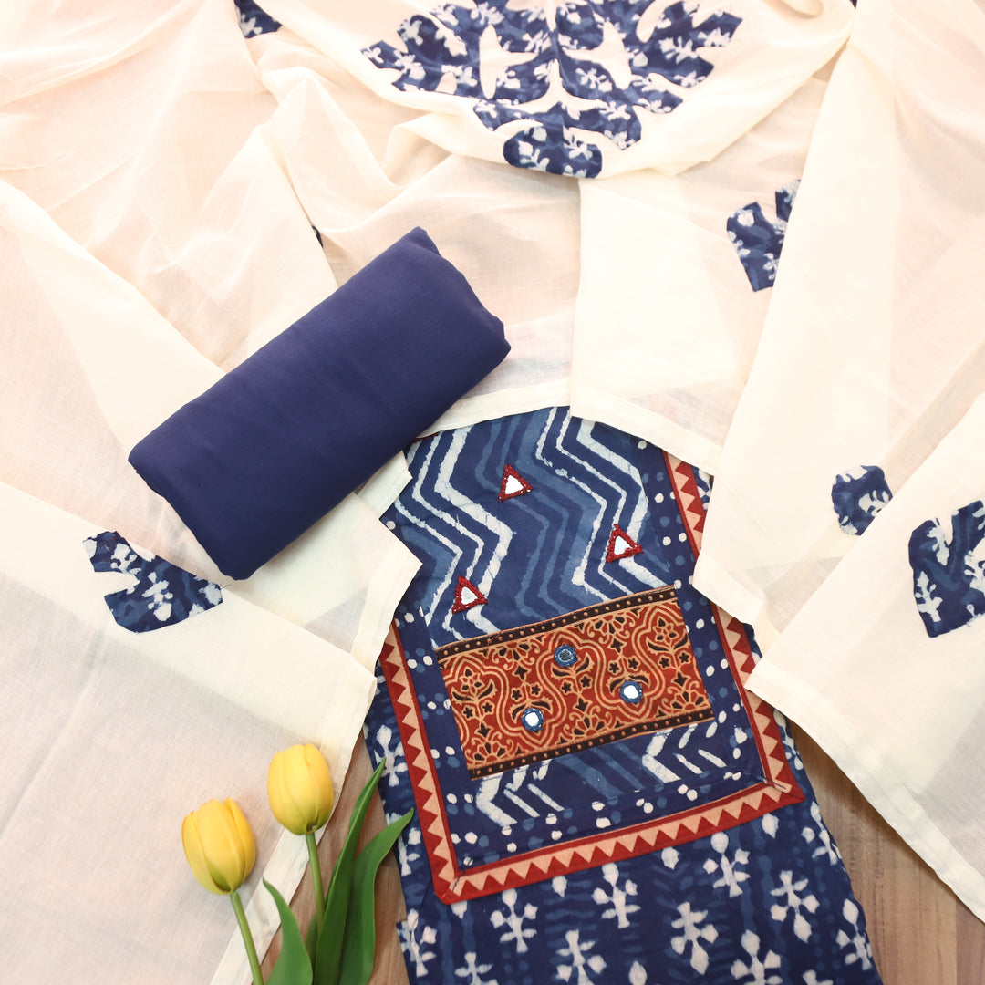 Padma Indigo Blue  Kutch Mirror Dabu Printed Cotton Suit Set D2